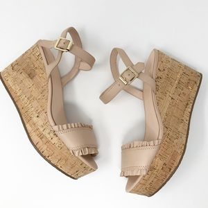 Kate Spade ♠️ Tomas Cork Ruffle Nude Wedge Sandals